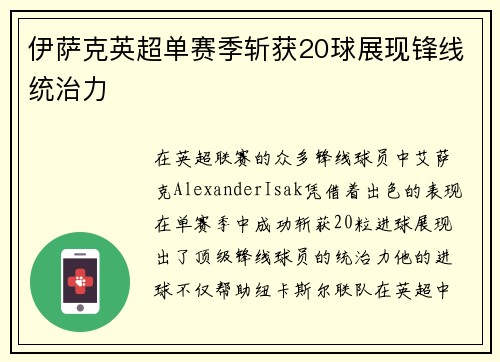 伊萨克英超单赛季斩获20球展现锋线统治力 伊萨克英超单赛季斩获20球展现锋线统治力