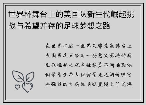 世界杯舞台上的美国队新生代崛起挑战与希望并存的足球梦想之路